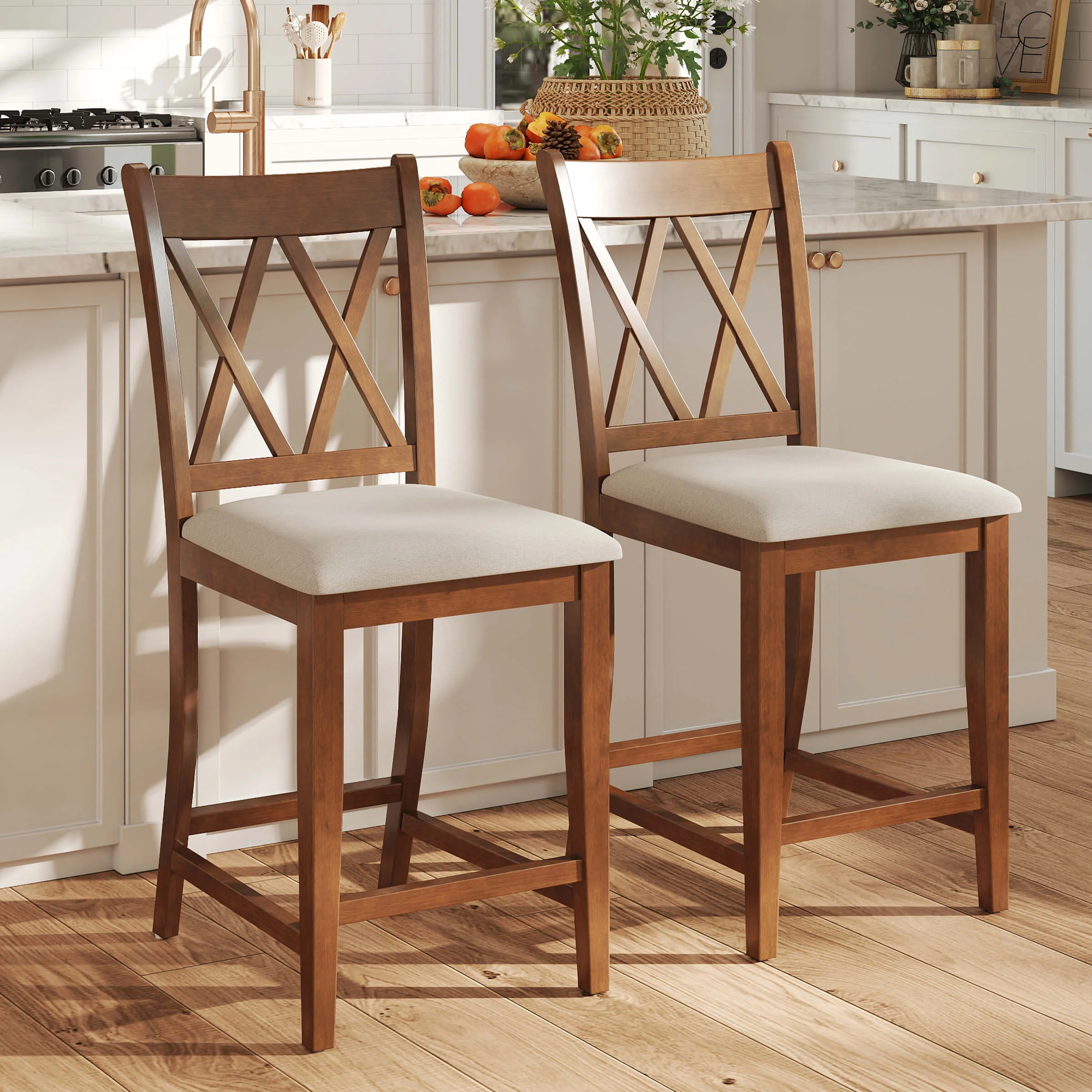 Farmhouse Cross-Back Wood Counter Stools Set of 2 - 50015CS