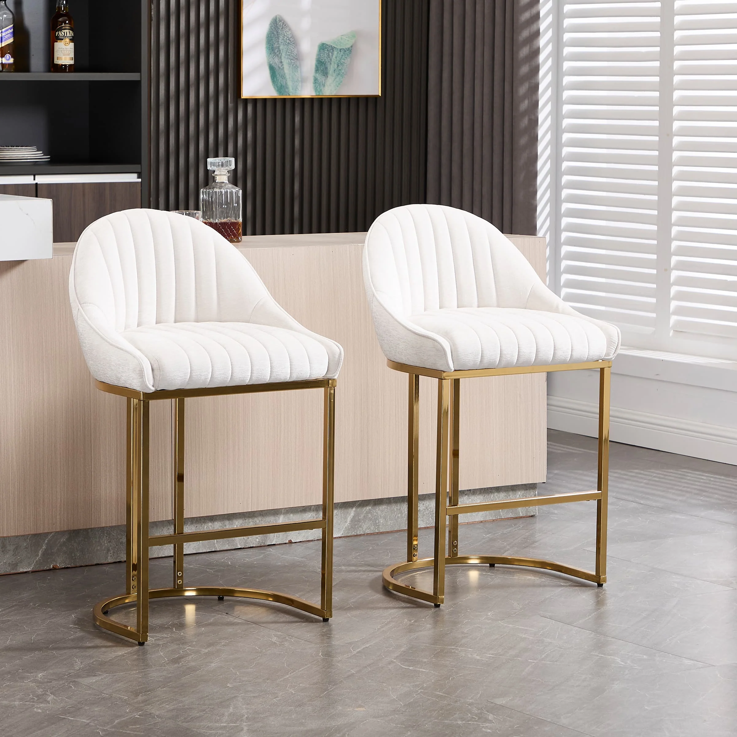 26”H Upholstered Gold Legs Stools Set of 2 - 9066CS