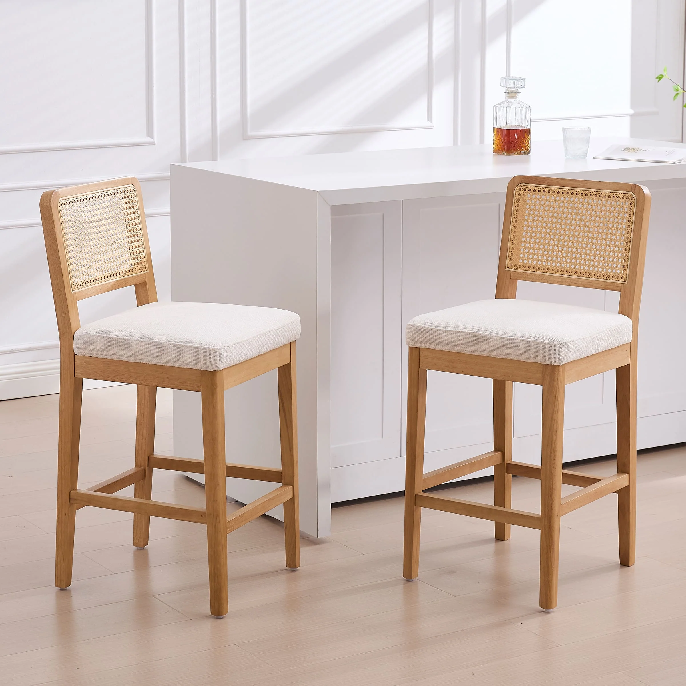 Farmhouse Rattan Back Chenille Counter Stool Set of 2 - 3234CS
