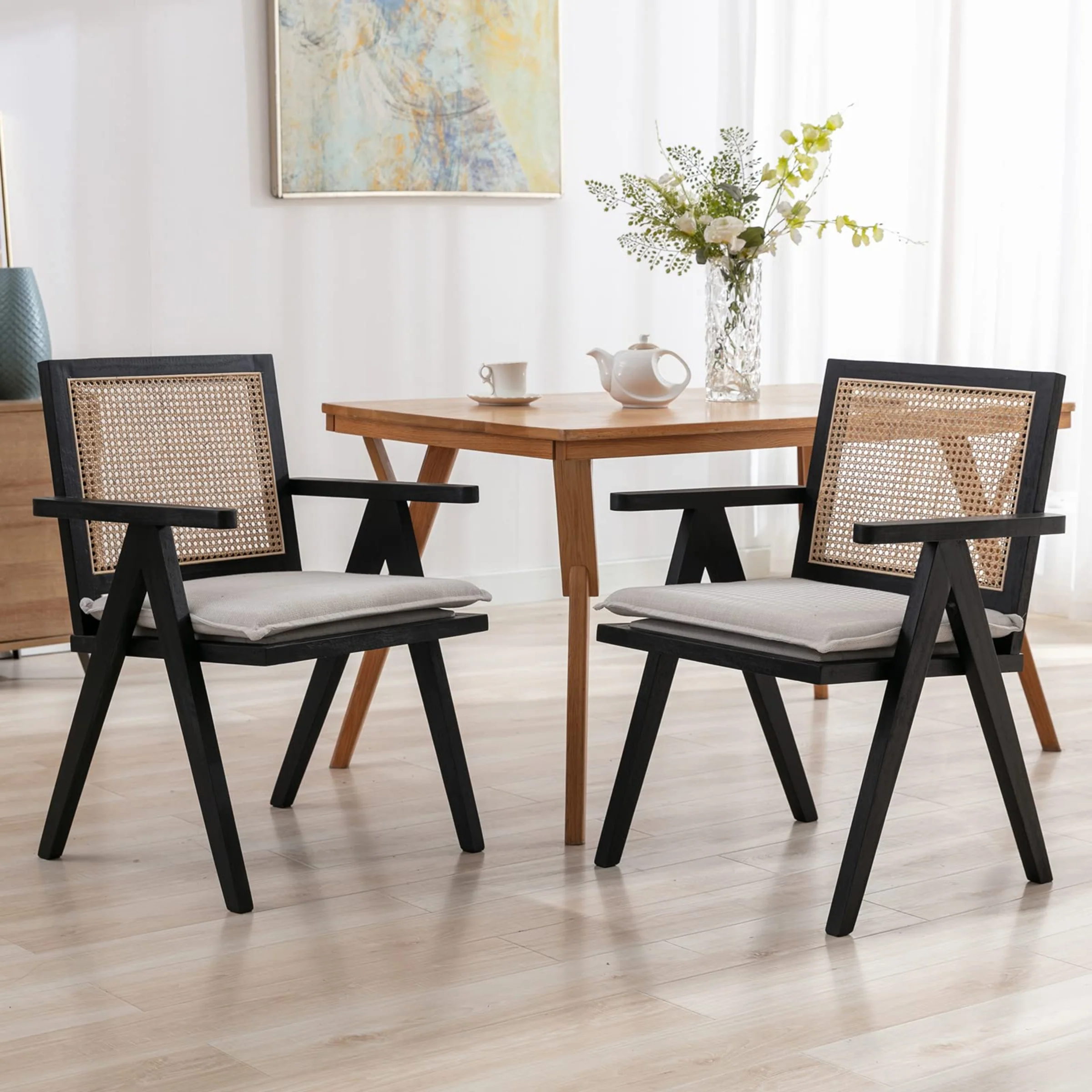 Rattan Back Linen Dining Chairs Set of 2 - 1826DC