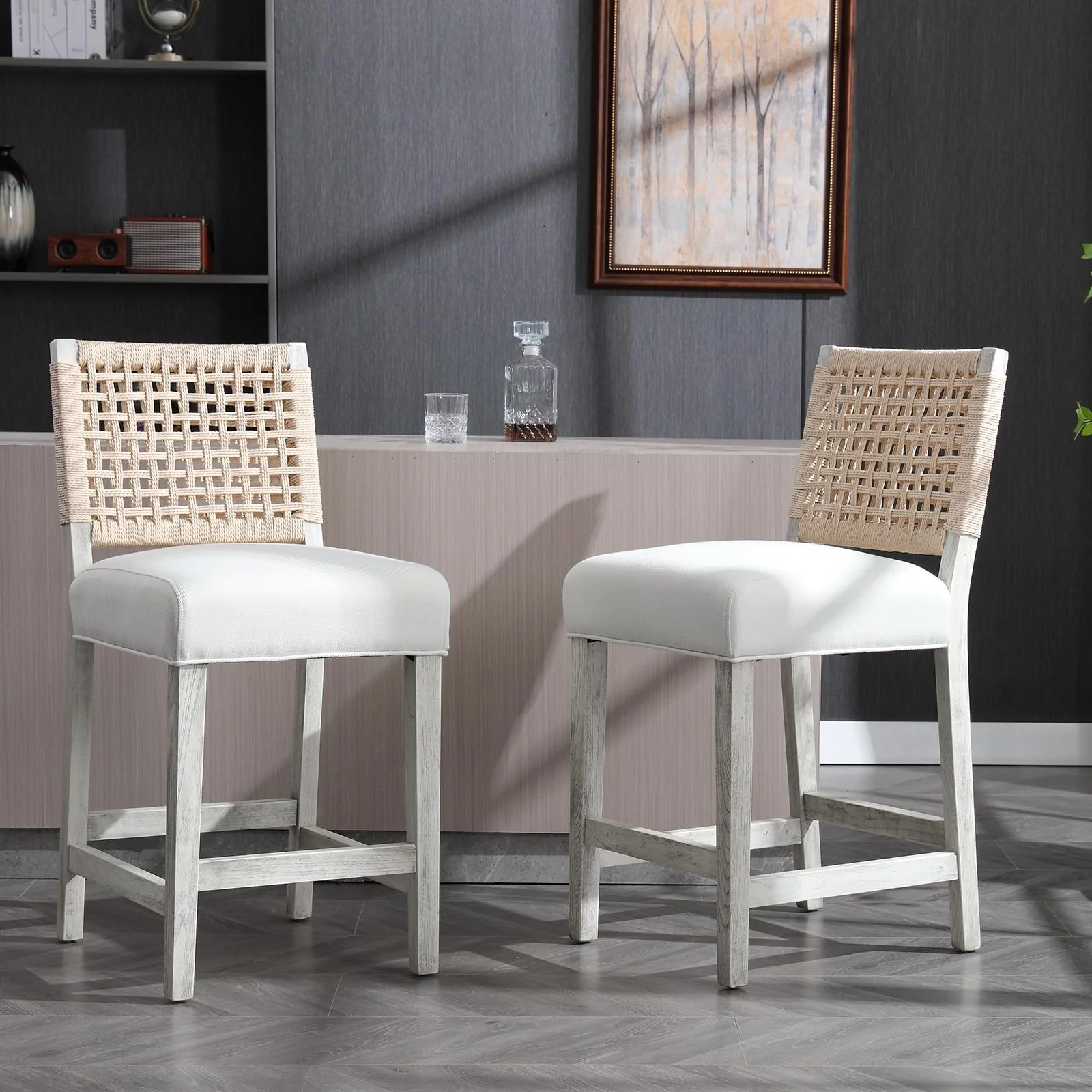 27"H Farmhouse Woven Backrest Counter Stools Set of 2 - 2227CS