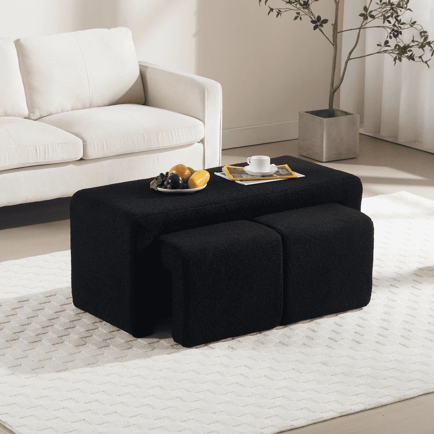 Modern Boucle Bench White Sherpa Ottoman Bench Set of 3 - 1819